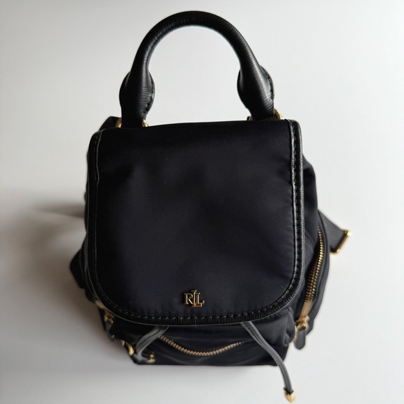 Lauren Ralph Lauren Keely Small Black Nylon Satin Gold Trim Backpack Bag - Picture 3 of 13
